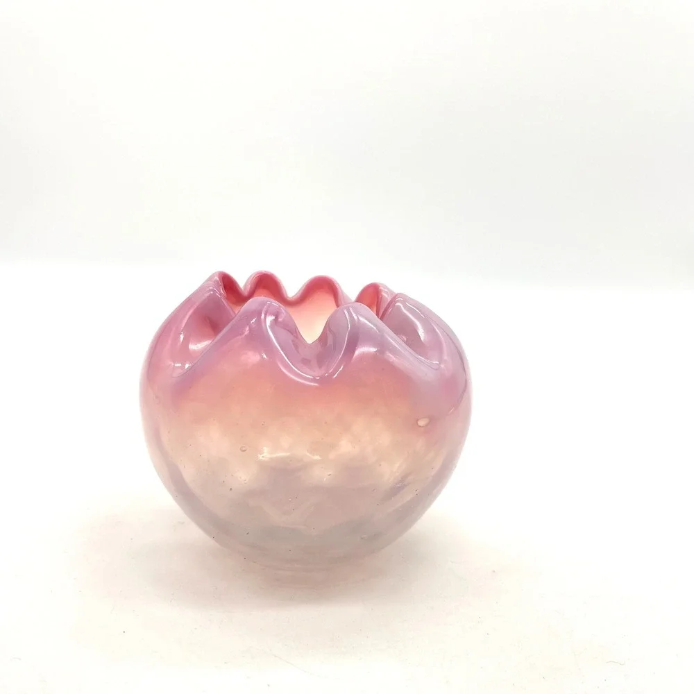 Vintage Pink Satin Glass Rose Bowl Diamond Quilted Crimped Rim Art Glass 3 inch